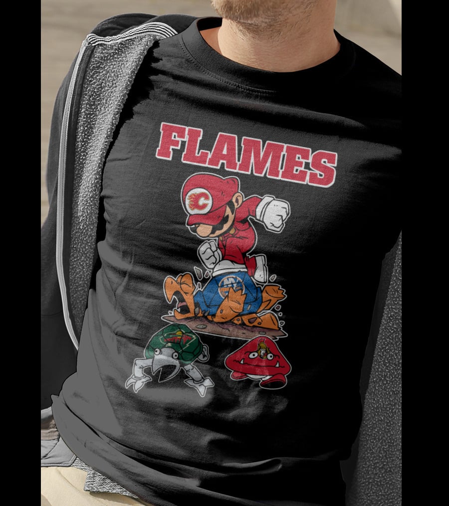 Calgary Flames Mario Parody Hockey Characters Retro Style T-Shirt