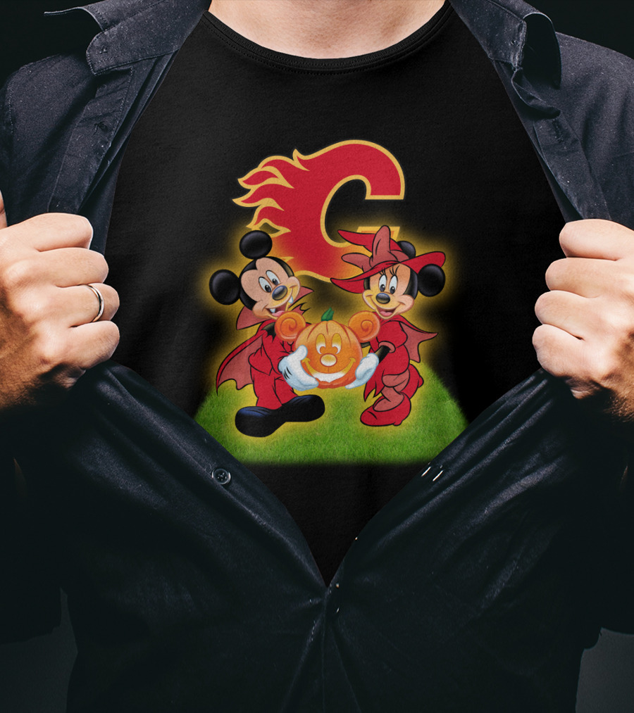 Calgary Flames Mickey And Minnie Halloween Pumpkin T-Shirt