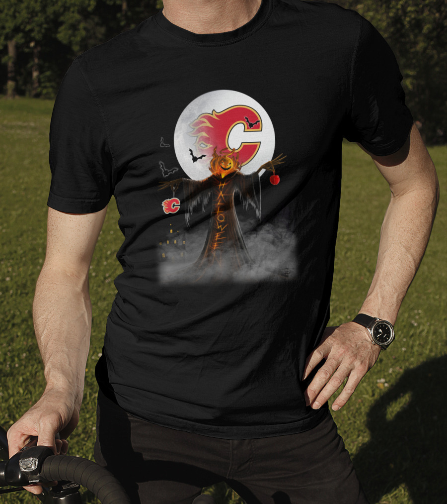 Halloween Calgary Flames Spooky Pumpkin Head With Full Moon And Bats T-Shirt
