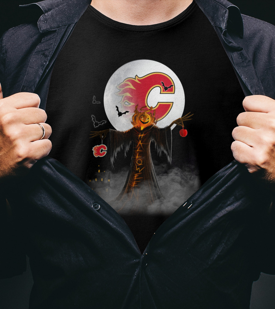 Halloween Calgary Flames Spooky Pumpkin Head With Full Moon And Bats T-Shirt