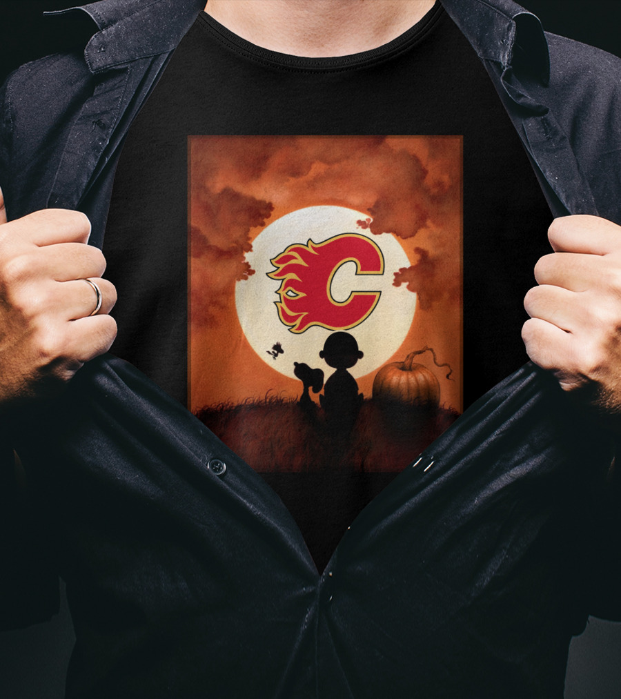 Calgary Flames Halloween Moon And Pumpkin T-Shirt