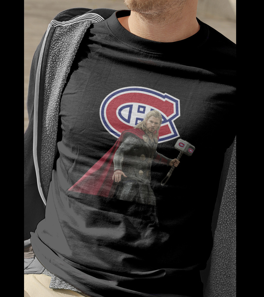 Canadiens Logo With Hero Holding Mjölnir Hammer T-Shirt
