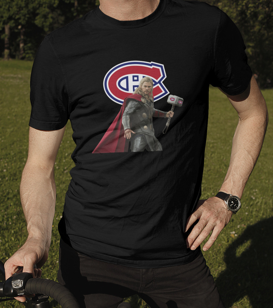 Canadiens Logo With Hero Holding Mjölnir Hammer T-Shirt