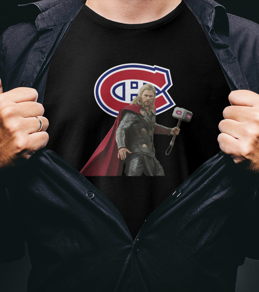 Canadiens Logo With Hero Holding Mjölnir Hammer T-Shirt
