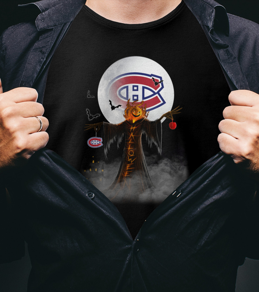 Halloween Canadiens Pumpkin Moon Bats Hockey Montreal T-Shirt