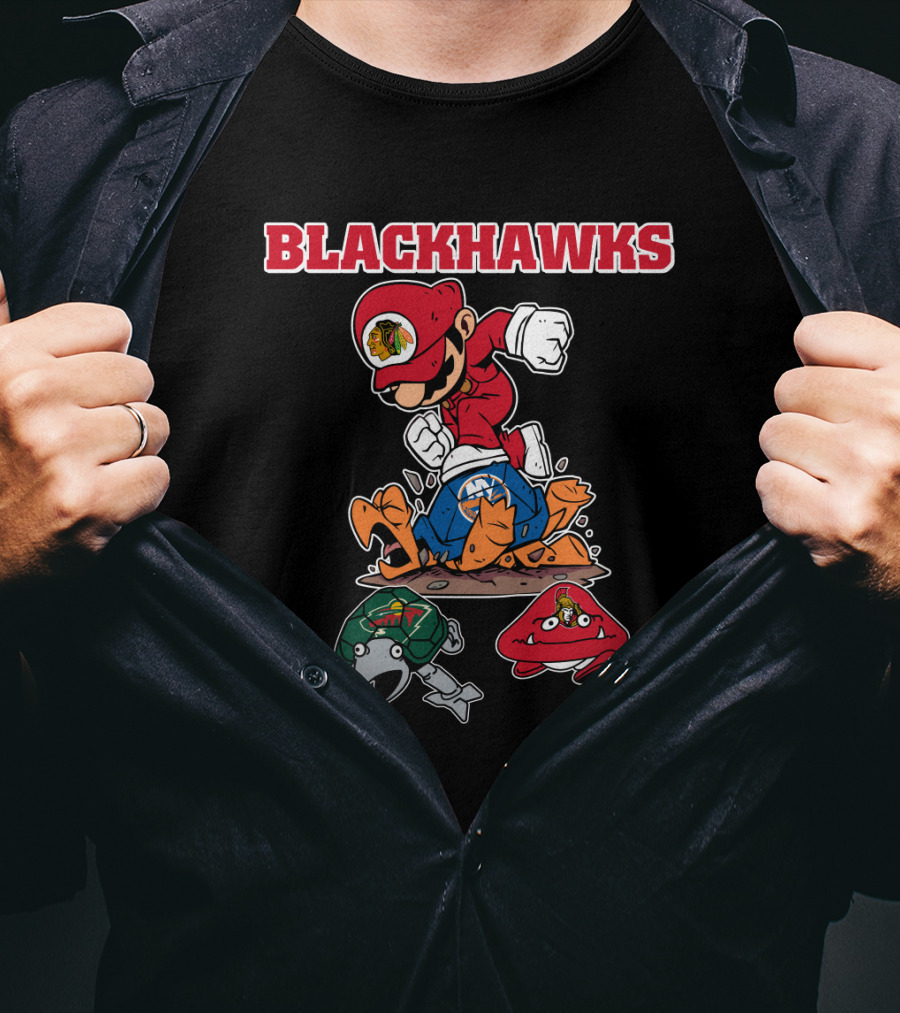 Chicago Blackhawks Hockey Mashup With Iconic Characters And Logos T-Shirt
