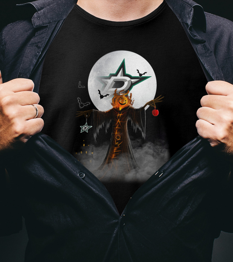 Halloween Dallas Stars Pumpkin Head With Bats And Moon T-Shirt