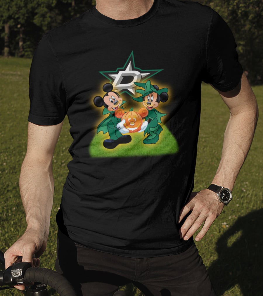 Dallas Stars Halloween Mickey And Minnie With Pumpkin On Grass Background T-Shirt