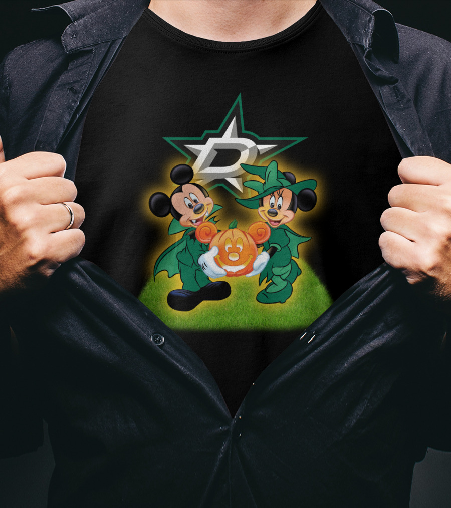 Dallas Stars Halloween Mickey And Minnie With Pumpkin On Grass Background T-Shirt