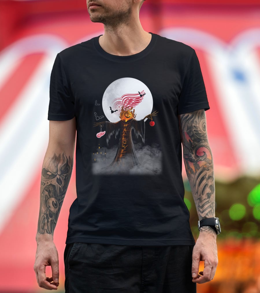 Halloween Detroit Red Wings Pumpkin Moon Bats Castle T-Shirt