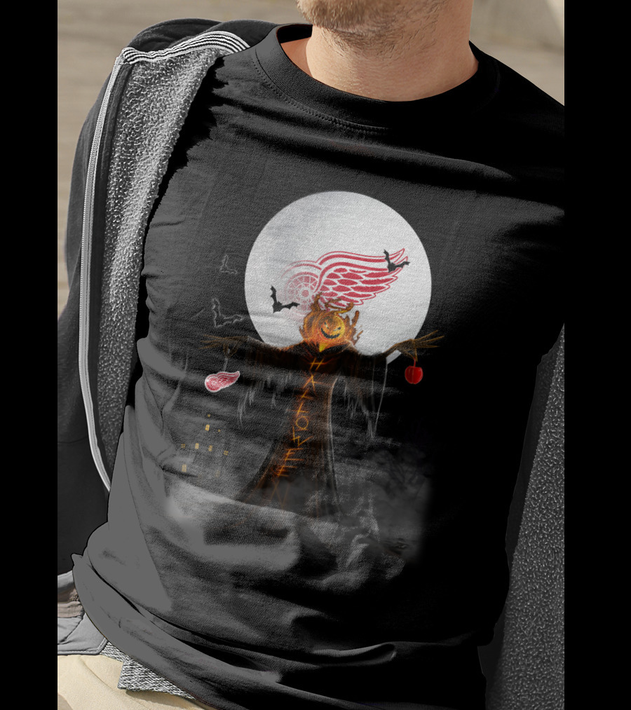 Halloween Detroit Red Wings Pumpkin Moon Bats Castle T-Shirt