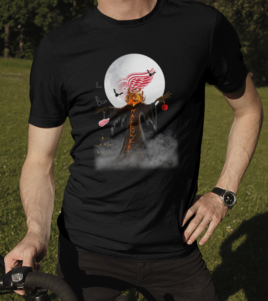 Halloween Detroit Red Wings Pumpkin Moon Bats Castle T-Shirt