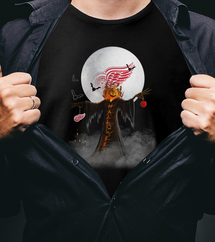 Halloween Detroit Red Wings Pumpkin Moon Bats Castle T-Shirt
