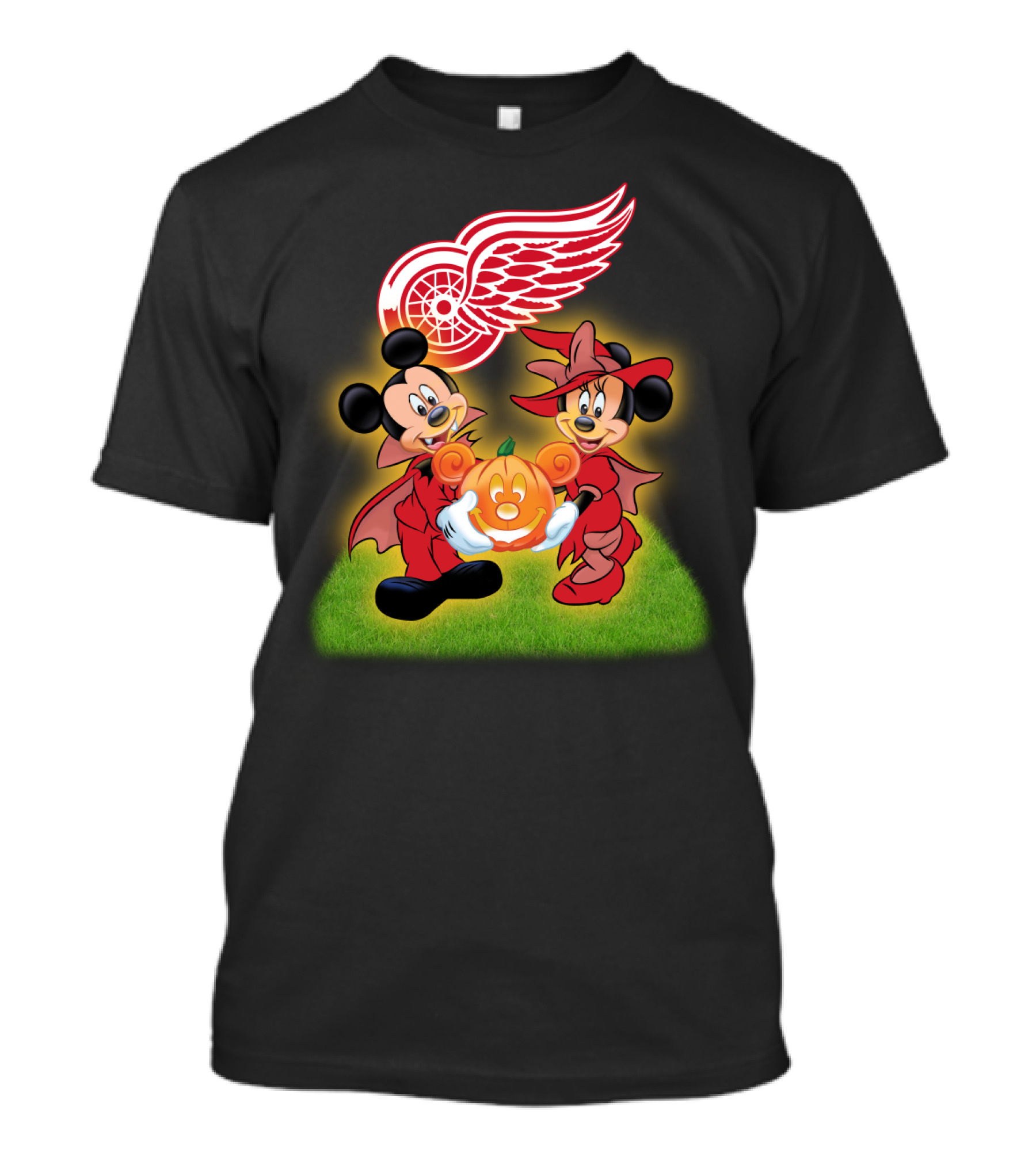 Detroit Red Wings Mickey And Minnie Halloween Pumpkin T-Shirt