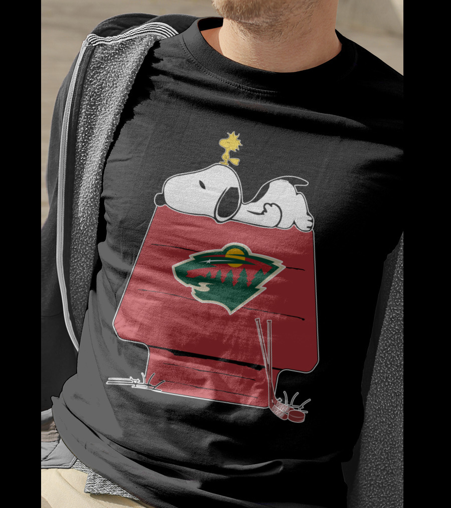 Snoopy On Doghouse With Minnesota Wild Logo And Hockey Gear T-Shirt