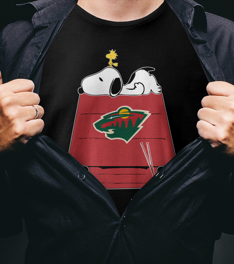 Snoopy On Doghouse With Minnesota Wild Logo And Hockey Gear T-Shirt