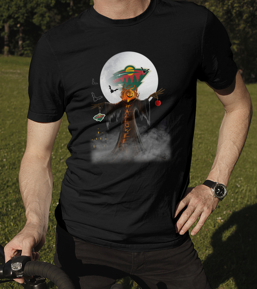 Halloween Pumpkin Scarecrow With Minnesota Wild Logo And Bats In Moonlit Haunted Scene T-Shirt