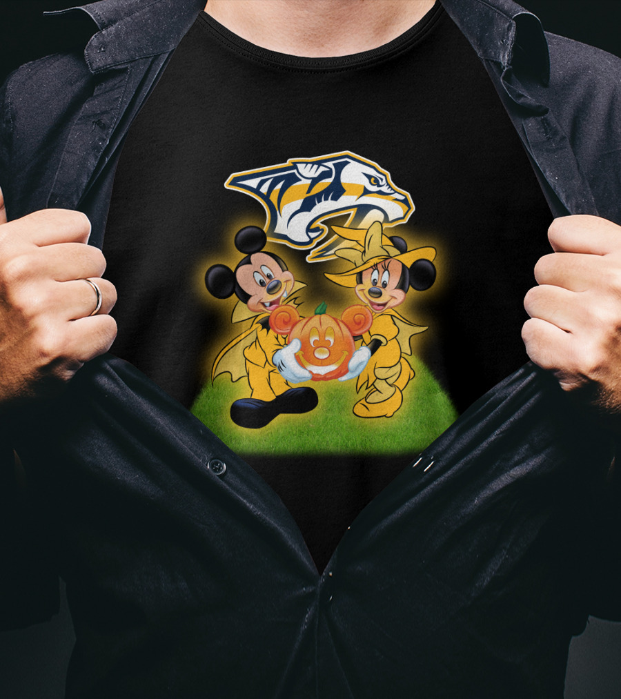 Mickey And Minnie Halloween Nashville Predators Pumpkin T-Shirt