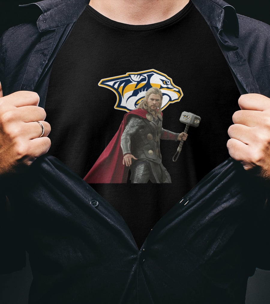 Nashville Predators Thor Crossover With Hockey Logo And Hammer T-Shirt