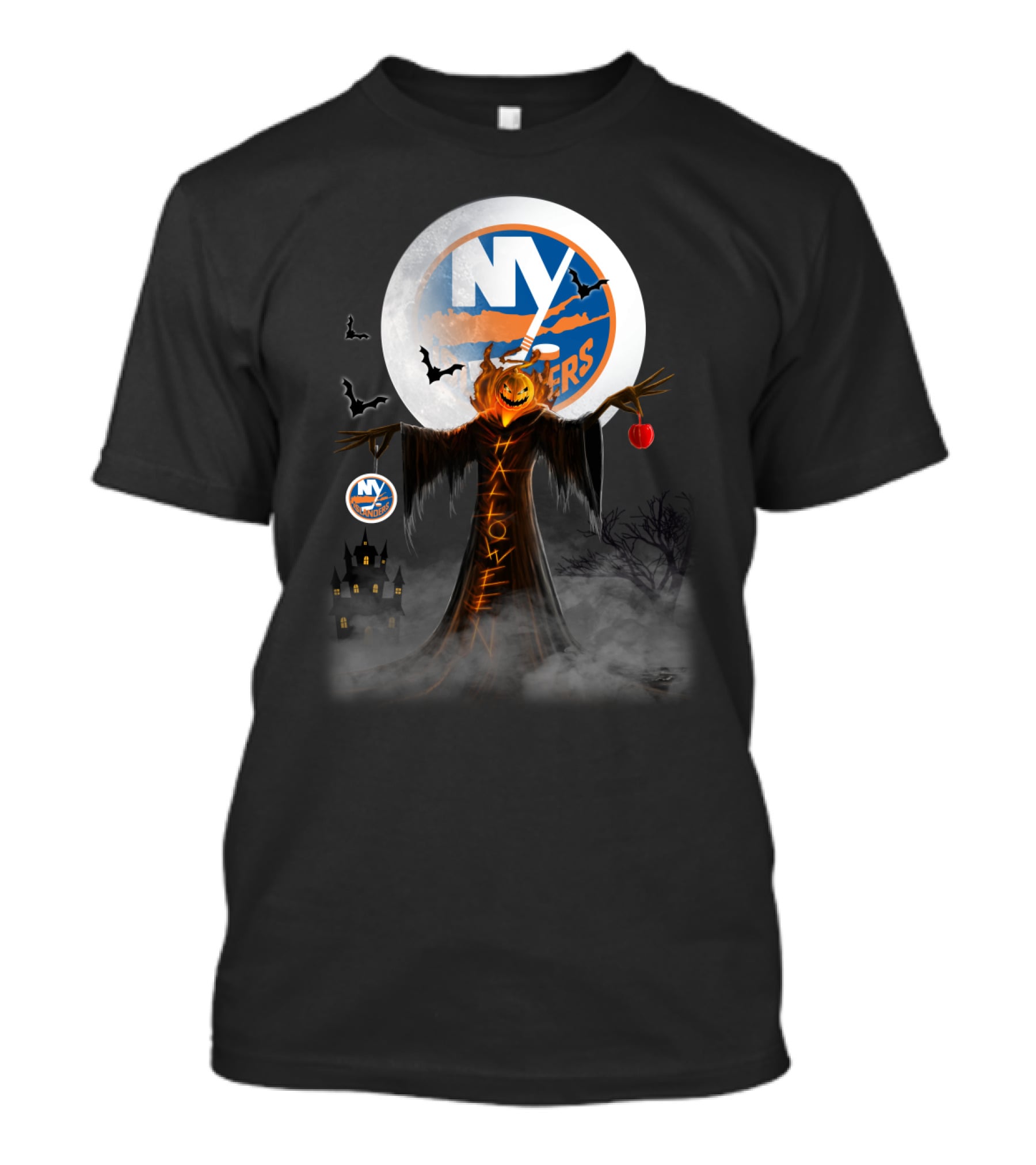 Halloween New York Islanders Pumpkin Moon Bats Spooky Scene T-Shirt