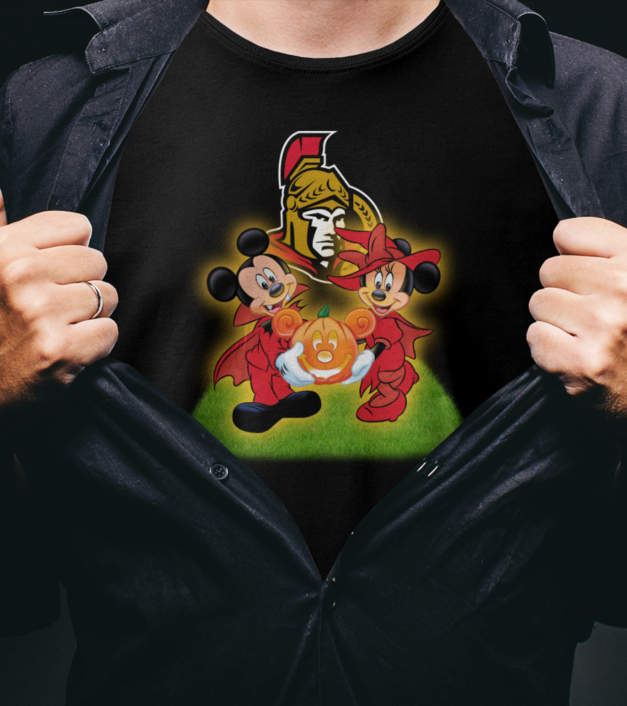 Mickey And Minnie Halloween Fun With Ottawa Senators Logo And Pumpkin T-Shirt