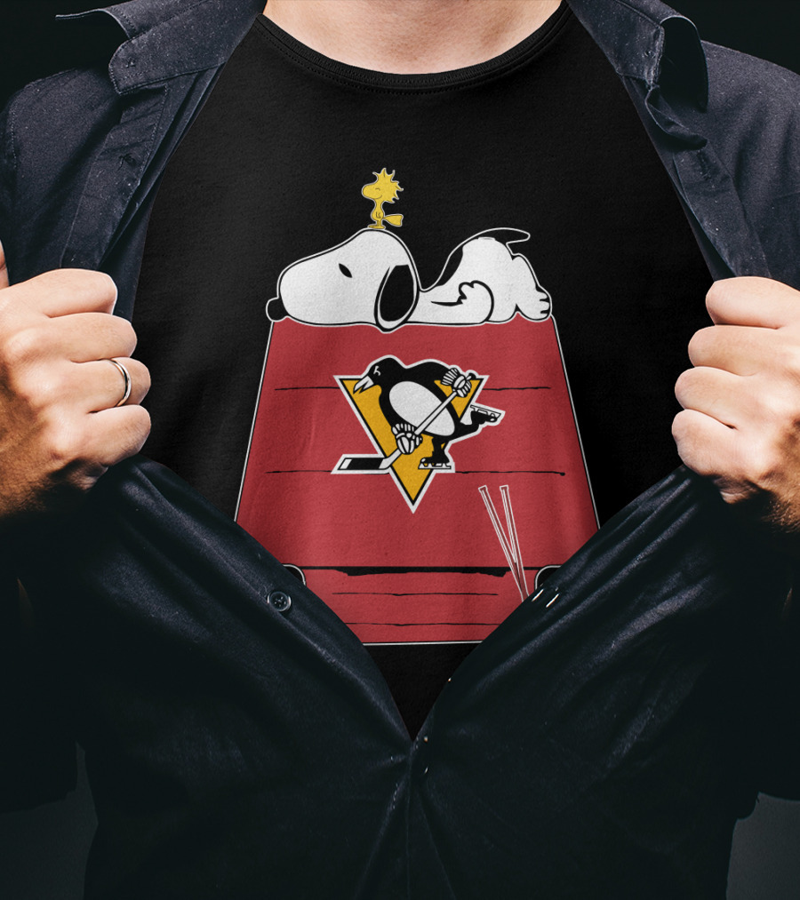 Snoopy Penguins Hockey House Featuring Woodstock And Penguins T-Shirt