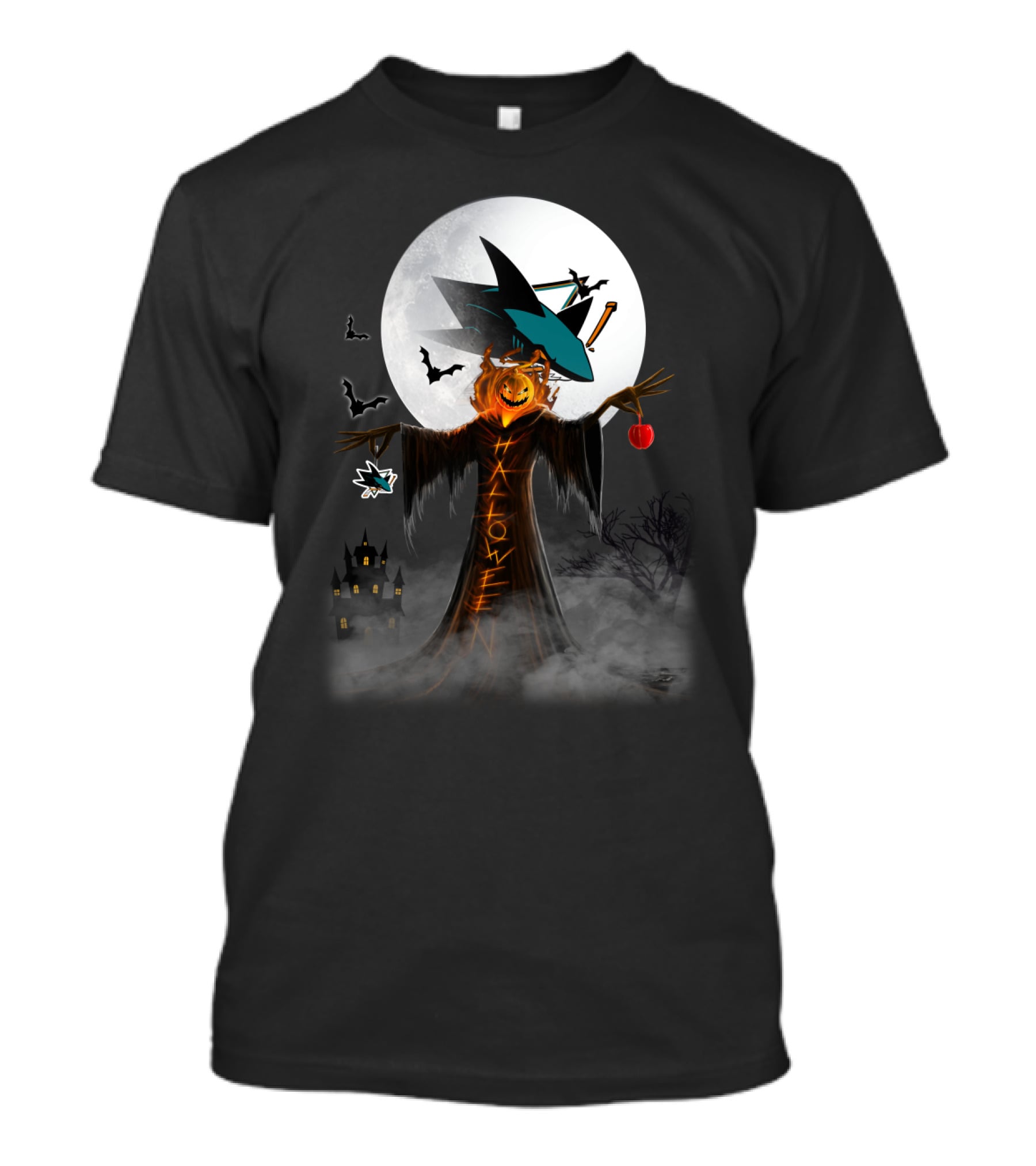 Halloween San Jose Sharks Full Moon Witch Pumpkin Bats T-Shirt