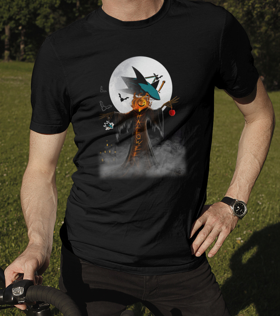 Halloween San Jose Sharks Full Moon Witch Pumpkin Bats T-Shirt