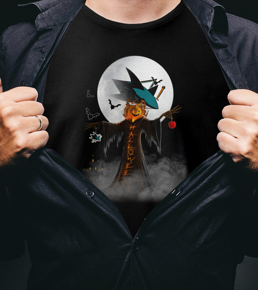 Halloween San Jose Sharks Full Moon Witch Pumpkin Bats T-Shirt