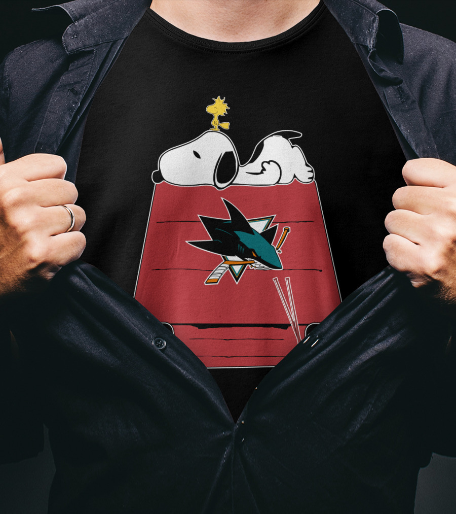 Snoopy And Woodstock On Doghouse With San Jose Sharks Logo And Hockey Sticks T-Shirt
