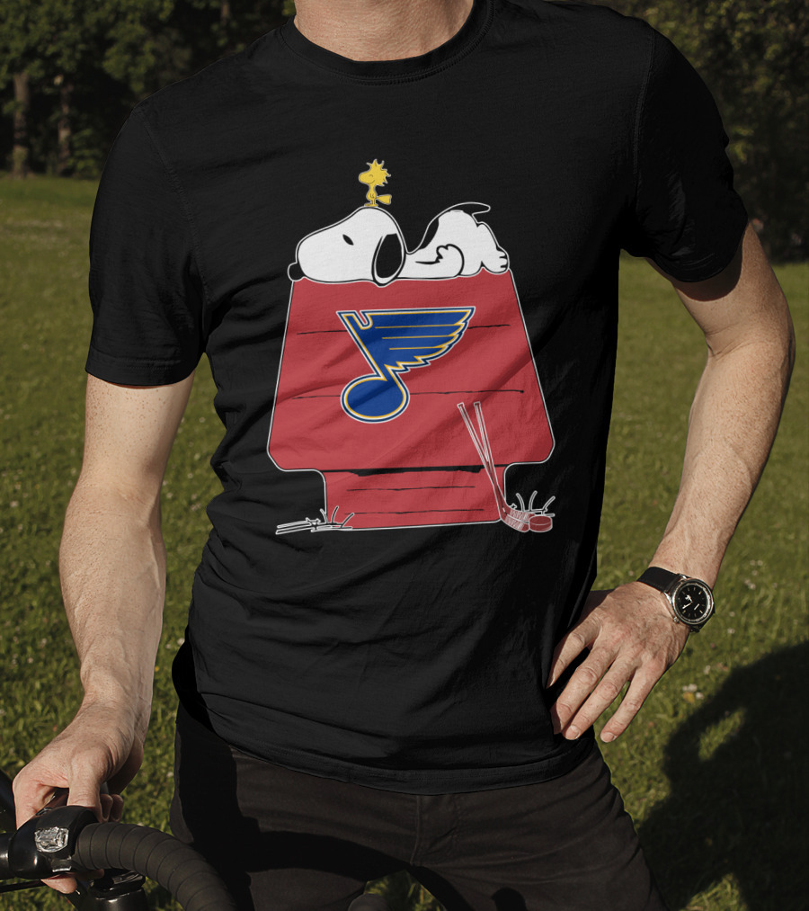 Snoopy And Woodstock With St. Louis Blues Logo On Doghouse T-Shirt