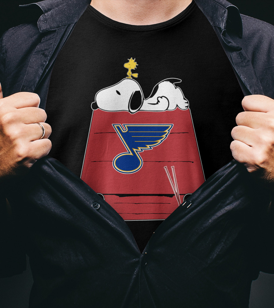 Snoopy And Woodstock With St. Louis Blues Logo On Doghouse T-Shirt