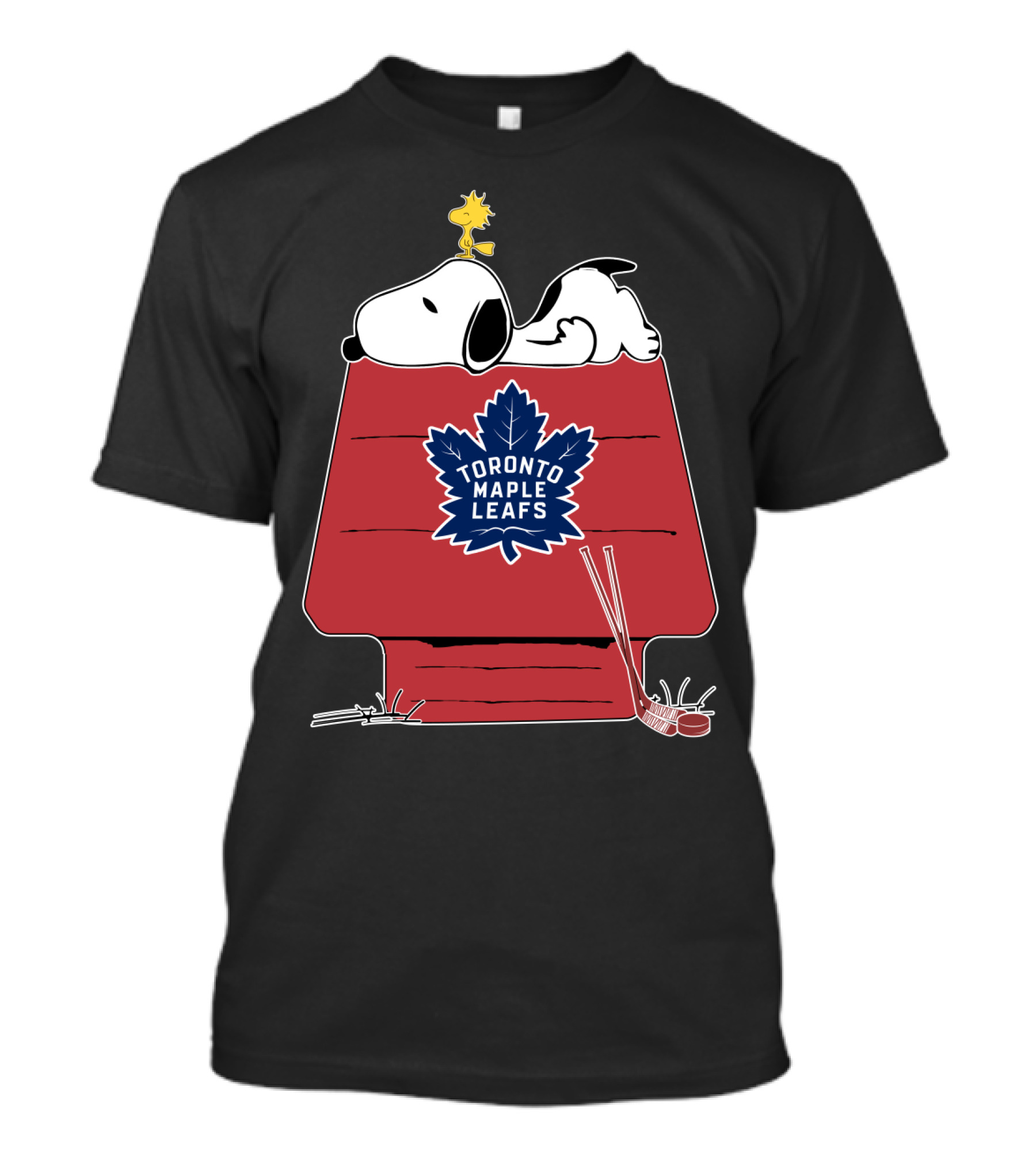 Snoopy And Woodstock With Toronto Maple Leafs Logo On Red House With Hockey Sticks T-Shirt