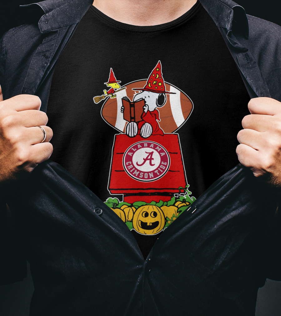 Alabama Crimson Tide Snoopy Halloween Scene With Football And Pumpkins T-Shirt