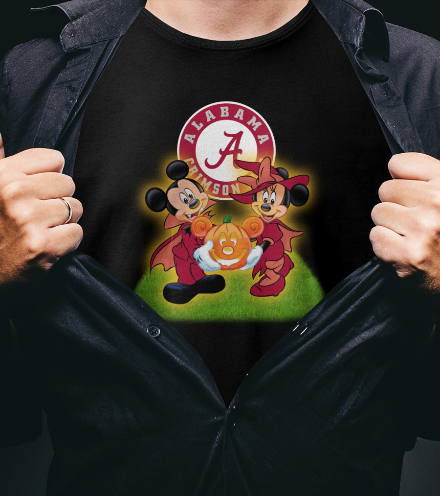 Alabama Crimson Tide Mickey And Minnie Halloween Football Pumpkin T-Shirt