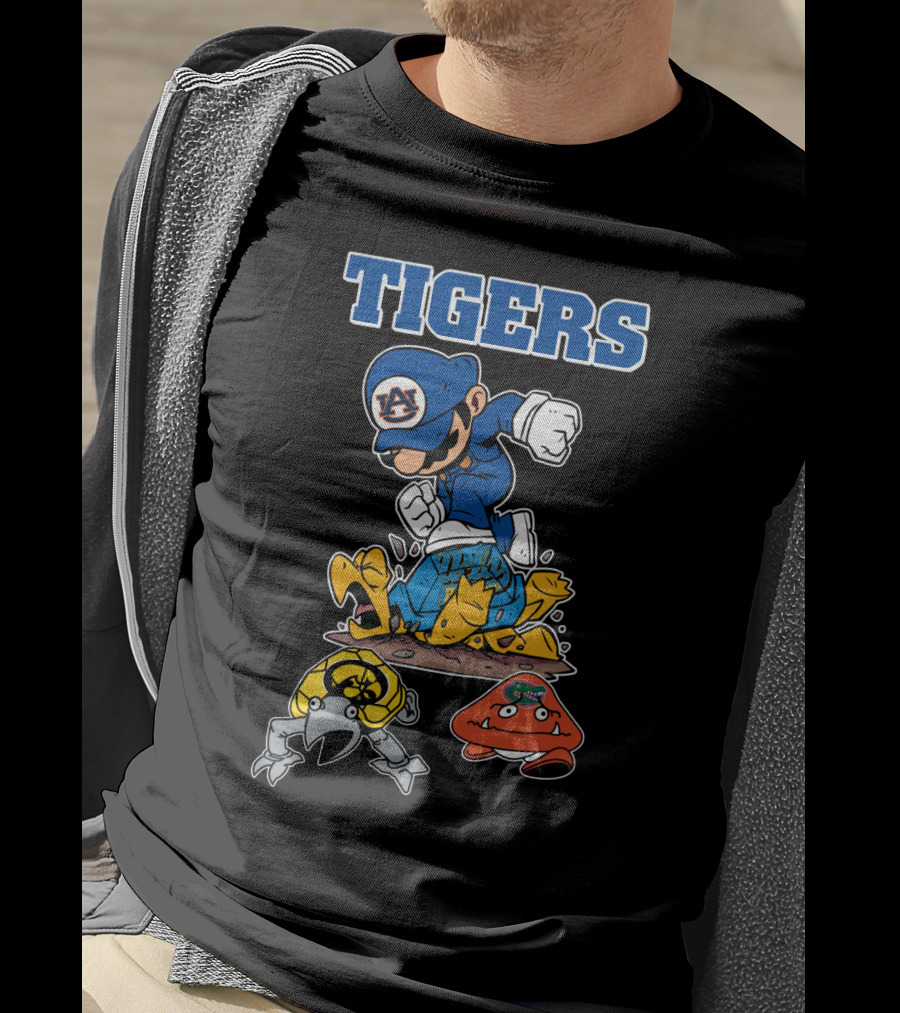 Auburn Tigers Football Character Jumping Over Classic Game Style Opponents T-Shirt