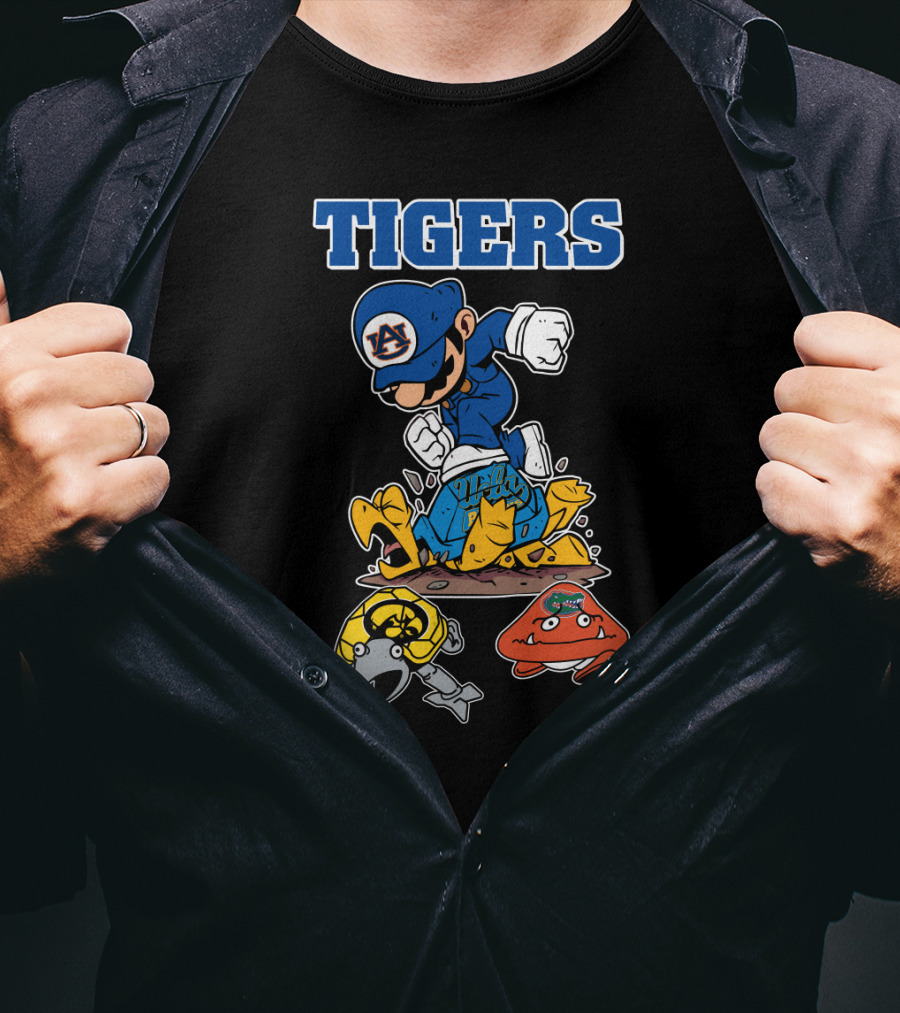 Auburn Tigers Football Character Jumping Over Classic Game Style Opponents T-Shirt