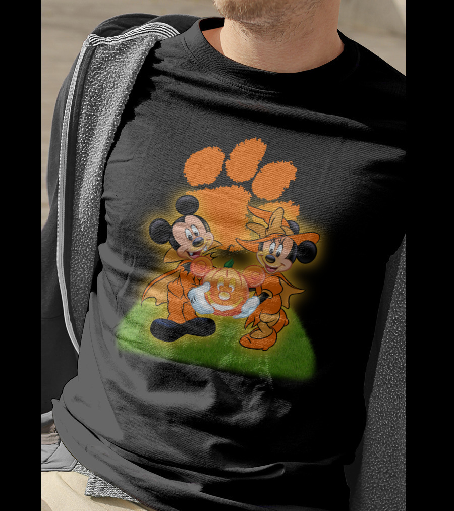 Clemson Halloween Football Mickey Minnie Pumpkin Paws T-Shirt
