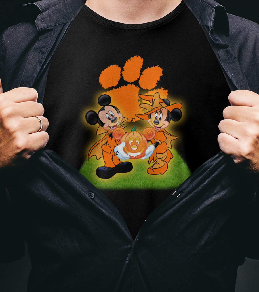Clemson Halloween Football Mickey Minnie Pumpkin Paws T-Shirt