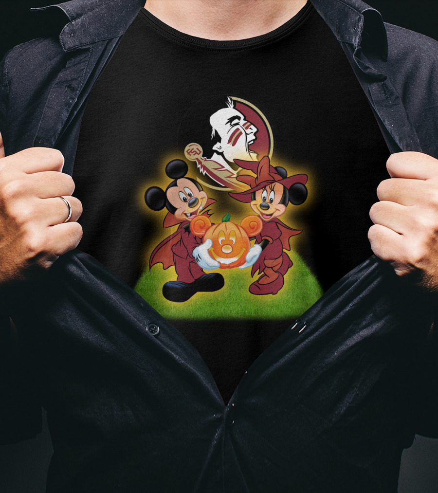 Fsu Football Halloween Mickey And Minnie With Pumpkin T-Shirt