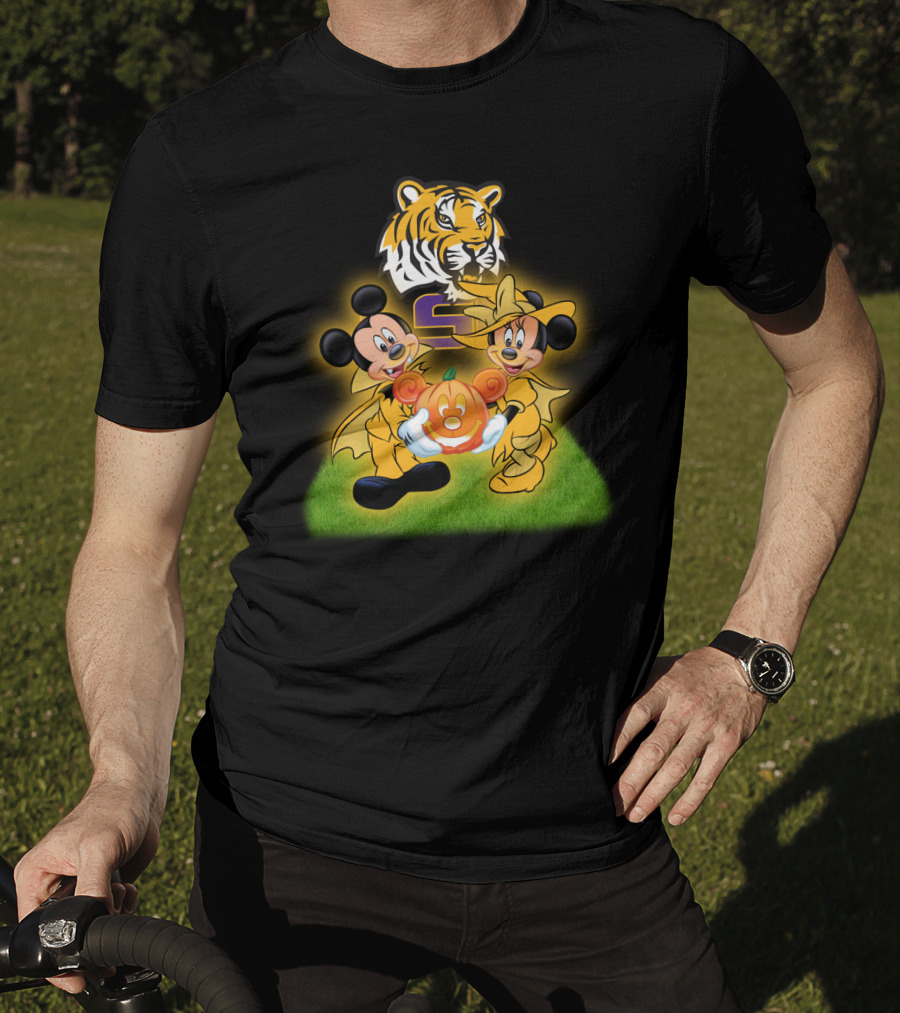 LSU Football Halloween Mickey And Minnie With Pumpkin Tiger T-Shirt