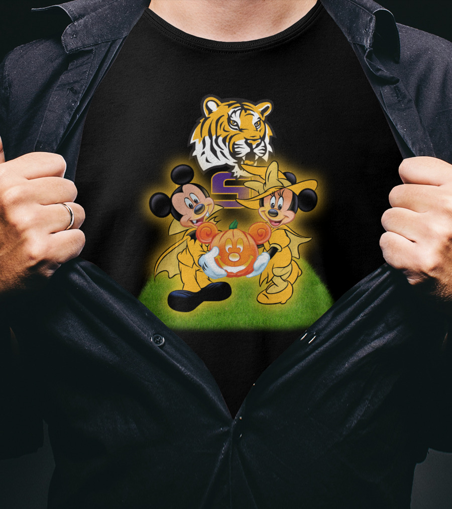 LSU Football Halloween Mickey And Minnie With Pumpkin Tiger T-Shirt