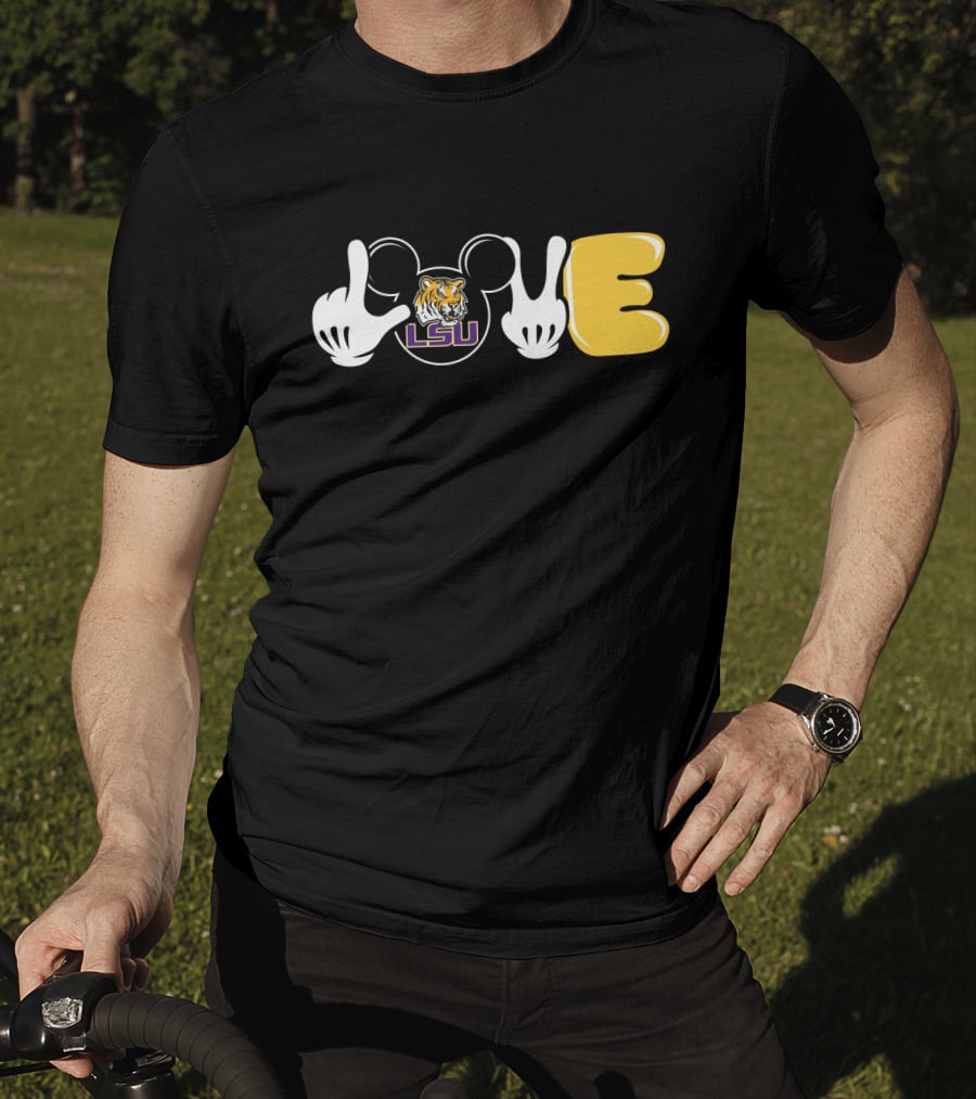 LSU Football Love With Tiger And Mickey Hands T-Shirt