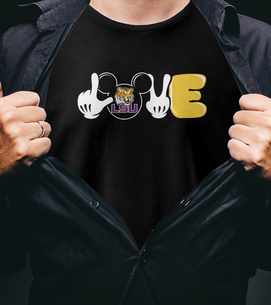 LSU Football Love With Tiger And Mickey Hands T-Shirt