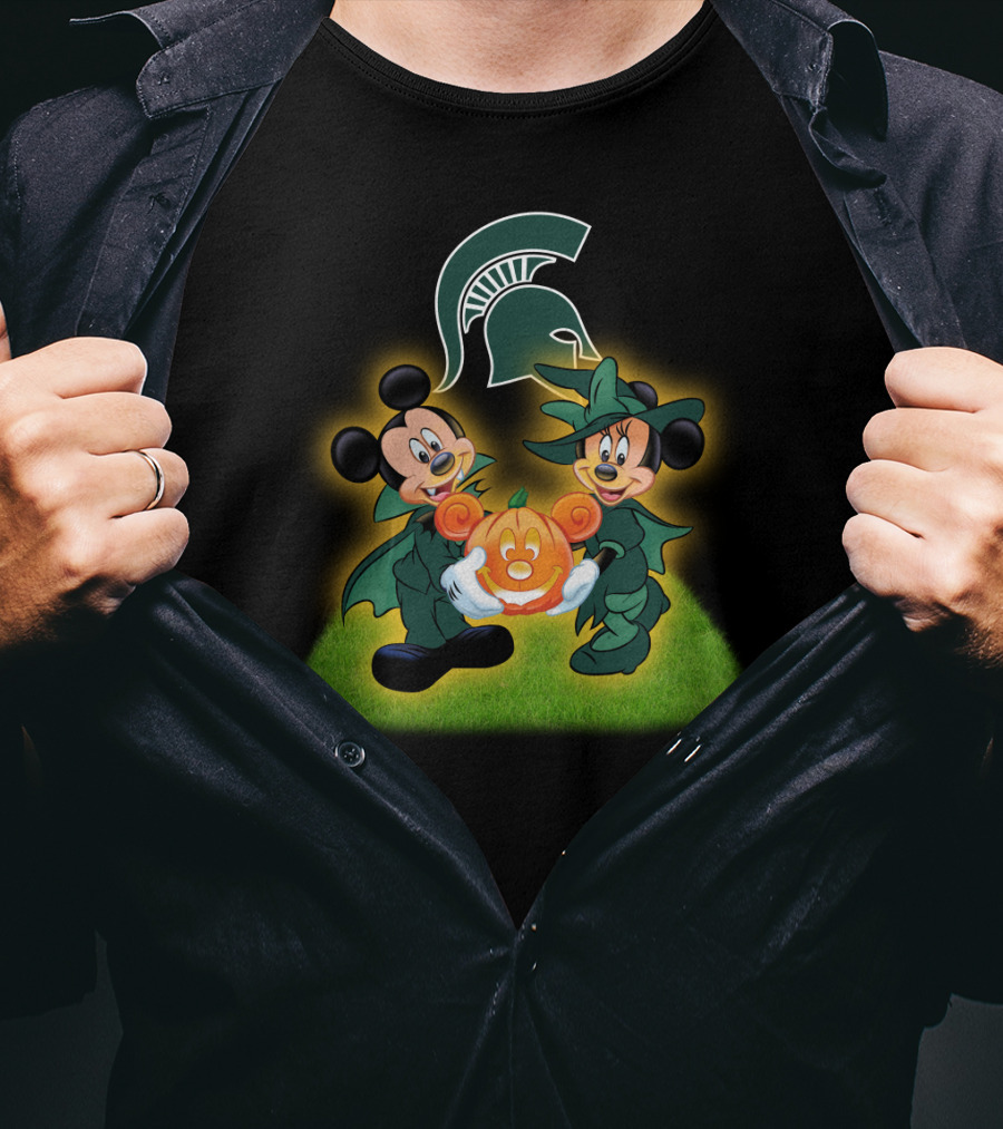Halloween MSU Football Mickey Minnie Pumpkin Michigan Spartans T-Shirt