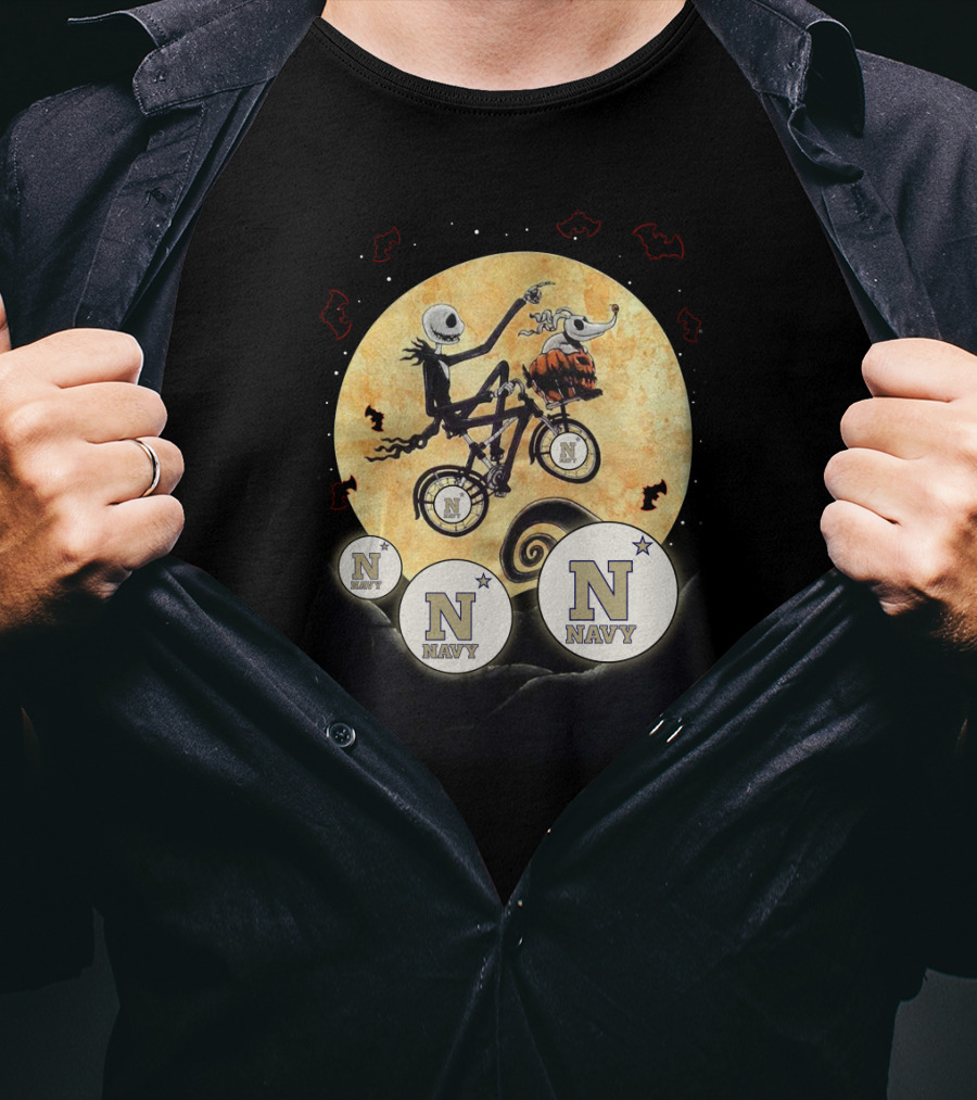 Navy Halloween Football Moon Cycling Scene With Stars And Bats T-Shirt