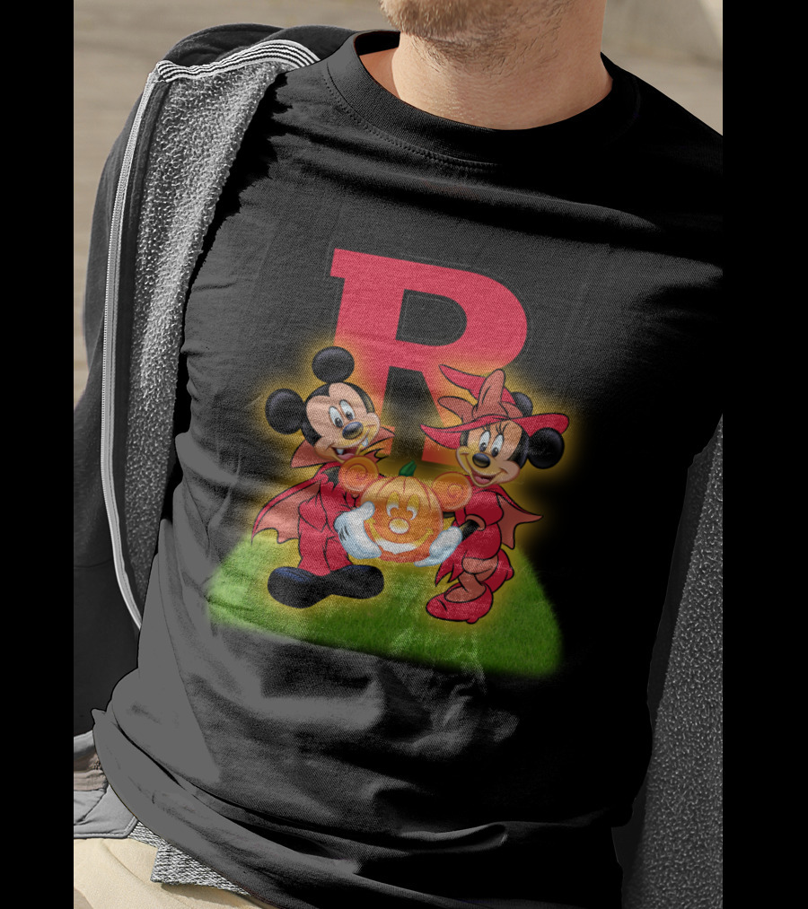 R Rutgers Halloween Mickey Minnie Pumpkin Football T-Shirt