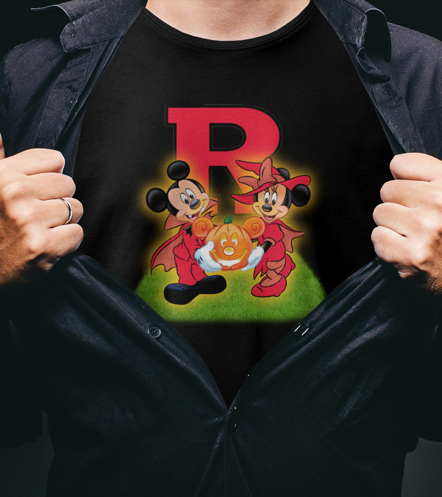R Rutgers Halloween Mickey Minnie Pumpkin Football T-Shirt