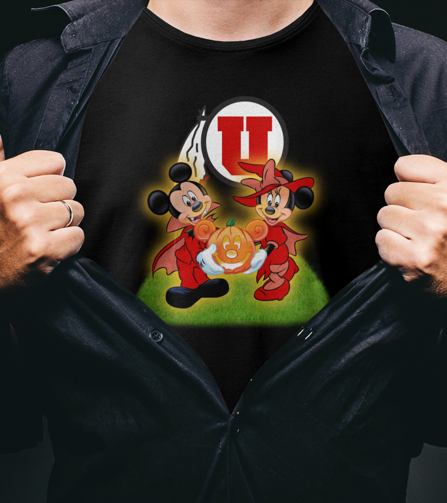 Utah U Halloween Football Pumpkin With Mickey And Minnie Mouse T-Shirt