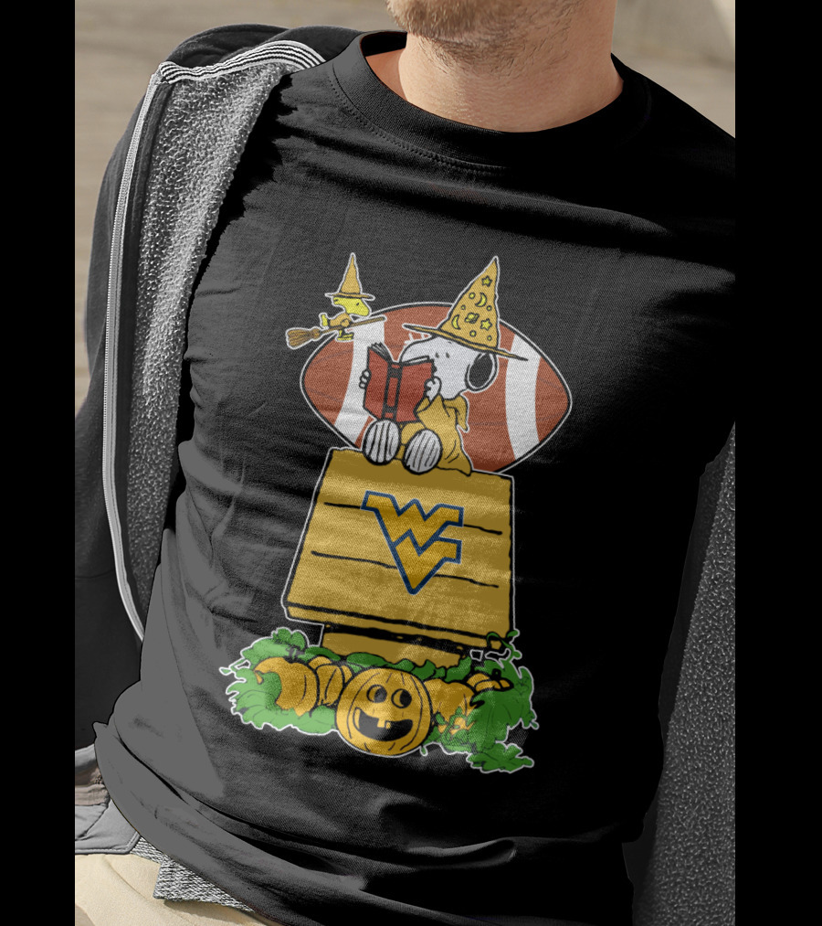 Snoopy Witch Reading On WVU Doghouse With Football And Pumpkins For Halloween T-Shirt